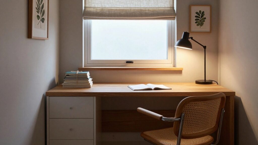 23 Stair Landing Office Ideas You Haven’t Seen Before A wooden desk with white drawers in a corner office nook next to a window with linen roman shade, black gooseneck lamp, rattan chair on wheels, stacked books, and framed leaf prints on light gray walls.