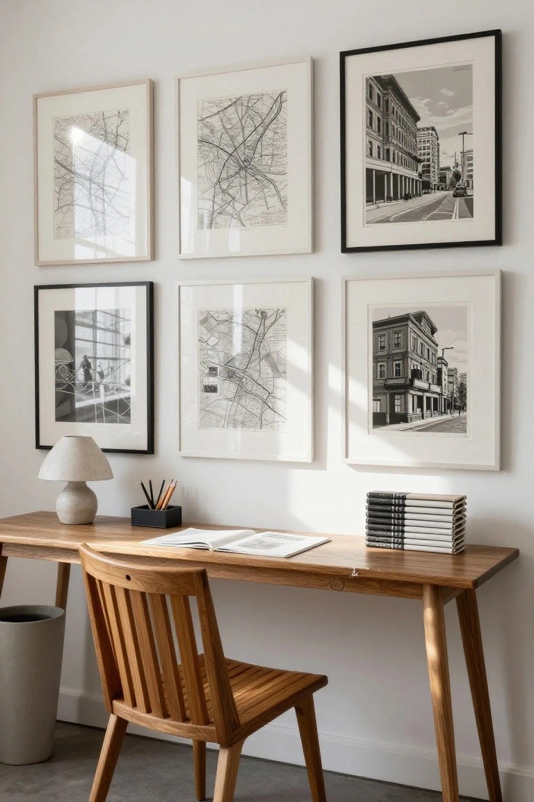 White-walled room with wooden desk, slatted wooden chair, cream lamp, pencil holder, open notebook, stacked books, and walls displaying multiple framed maps and black-and-white architectural photographs.