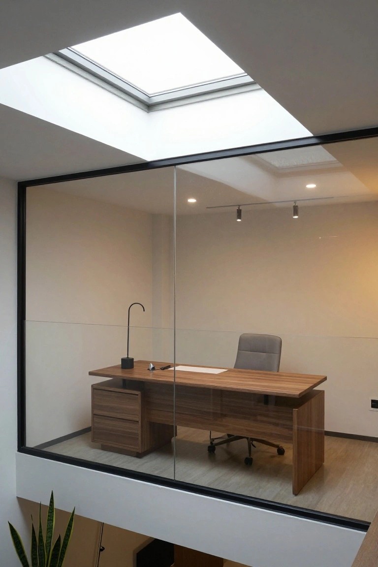 Modern office space with walnut desk, gray swivel chair, gooseneck lamp, and papers on a white surface, enclosed by full height glass walls on an upper level overlooking stairs, with skylight overhead and potted snake plant nearby.