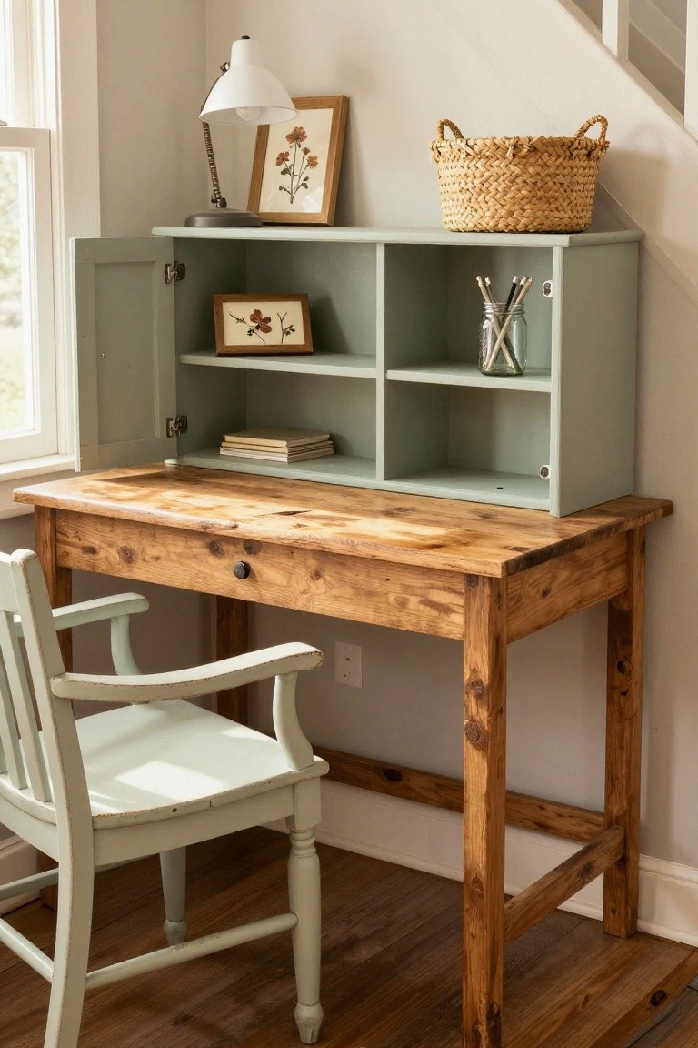 Wooden desk with open green hutch in stair landing corner, featuring white desk lamp, framed flower prints, books, wicker basket, jar of pencils, and green wooden chair.