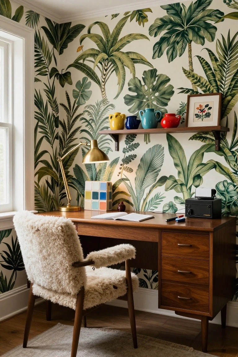 Corner home office with lush green tropical leaf wallpaper on walls, wooden desk with white sheepskin armchair, brass desk lamp, colorful pottery on wall shelf, and open books on desk surface.