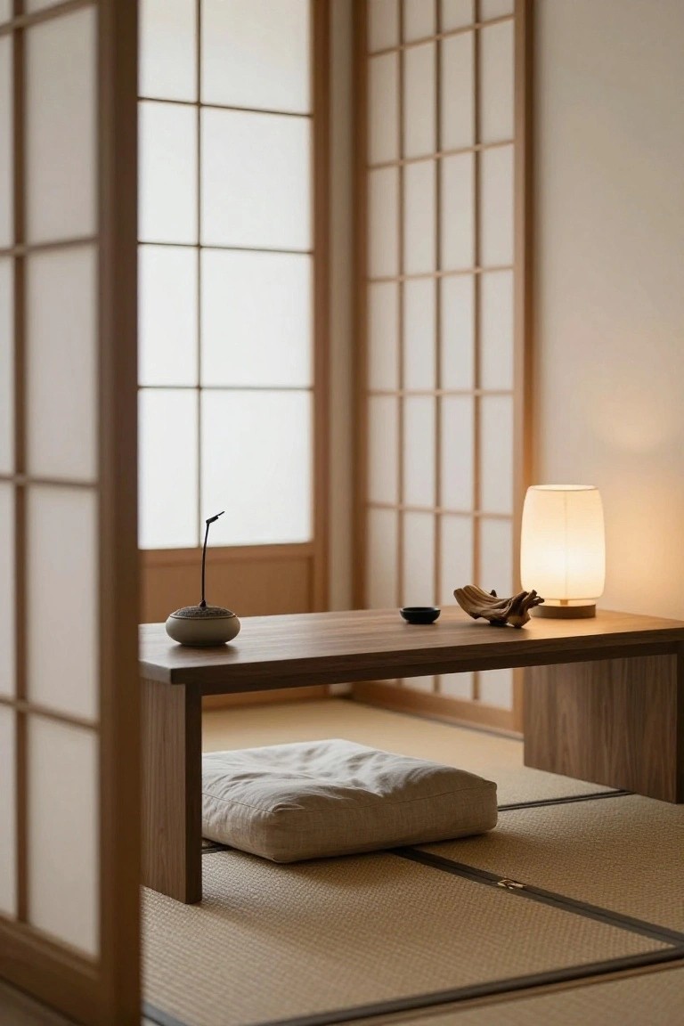 Interior of a Japanese-style room featuring shoji screens, a low wooden table with ceramics, a small black dish, driftwood, and a white lamp, a beige floor cushion on tatami mats.