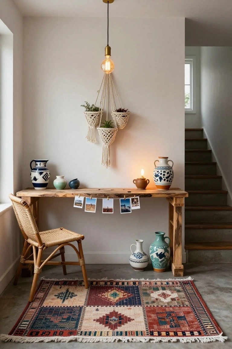 Wooden desk with rattan chair positioned on a stair landing beside wooden stairs, macrame plant hangers on white wall above, assorted ceramic vases and candle on desk and floor, string of photos across front, colorful patterned rug on concrete floor.