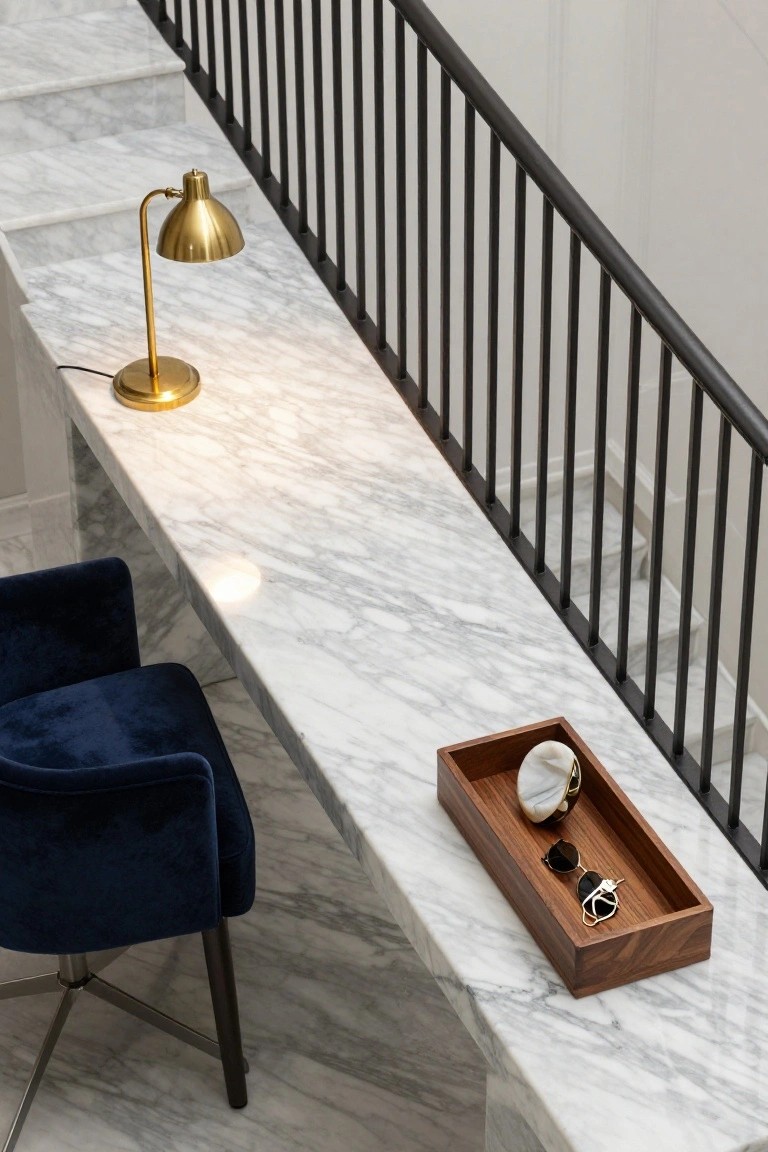 White marble console table on stair landing with blue velvet armchair, gold desk lamp, wooden tray holding sunglasses and white shell, black metal railing, and marble steps below.