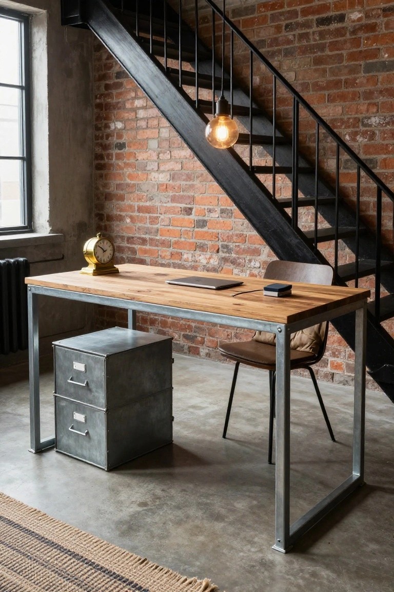 Wooden desk with metal frame on a stair landing under black metal stairs, next to a metal filing cabinet and chair, with a gold clock and laptop on the desk, in a room with exposed brick walls and concrete floor.