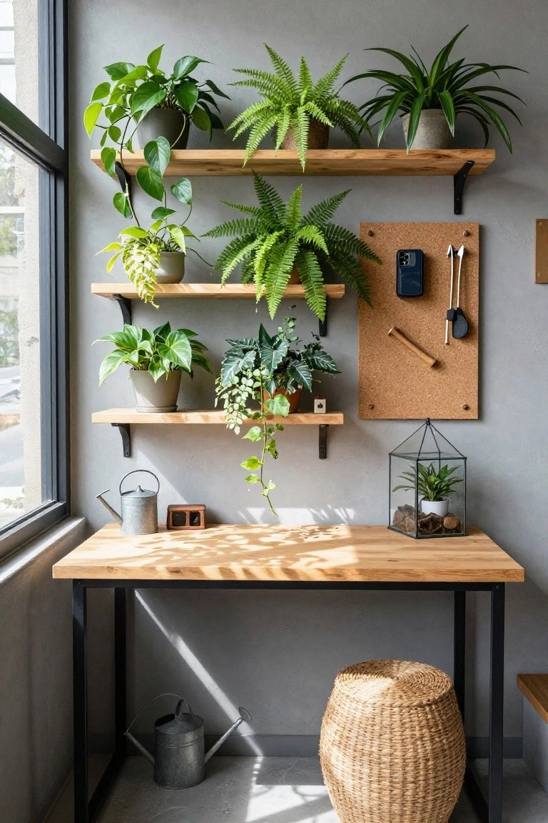 Compact wooden desk with black metal frame in a gray room, surrounded by wooden floating shelves holding various potted plants including pothos, ferns, and philodendrons, a corkboard with phone holder and tools, a glass terrarium on the desk, a metal watering can, and a wicker stool.