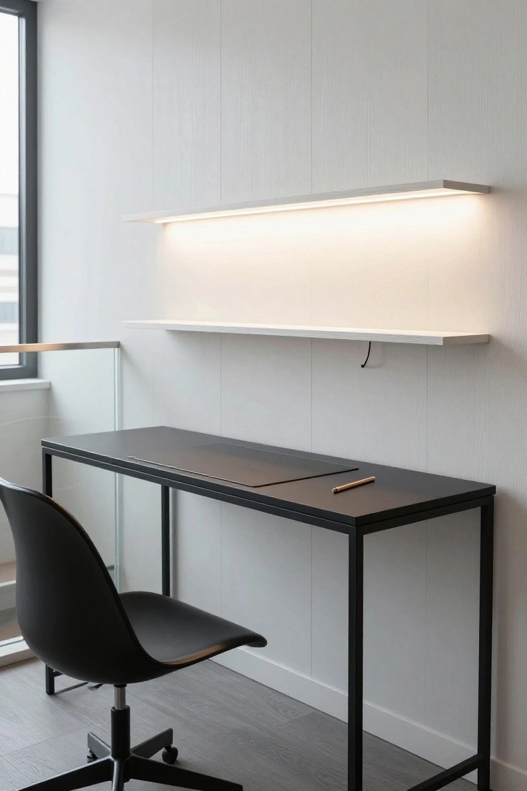 Minimalist office nook on stair landing with black metal desk topped by mouse pad and pencil, black swivel chair, white floating shelves with integrated LED lighting strip above, large window, and metal railing nearby.