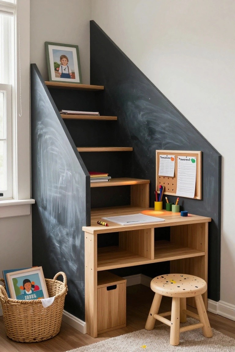A wooden desk built into a dark chalkboard-painted stair landing with open shelves, a pegboard organizer, colorful supplies, framed kids' photos, a basket, and a small spotted stool nearby.