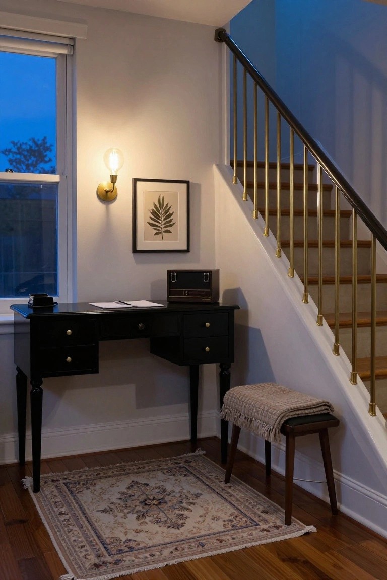 Small black desk with open notebook on top positioned next to a wooden staircase in a corner room with beige walls, a wall lamp, framed leaf art, and a stool nearby on a patterned rug.