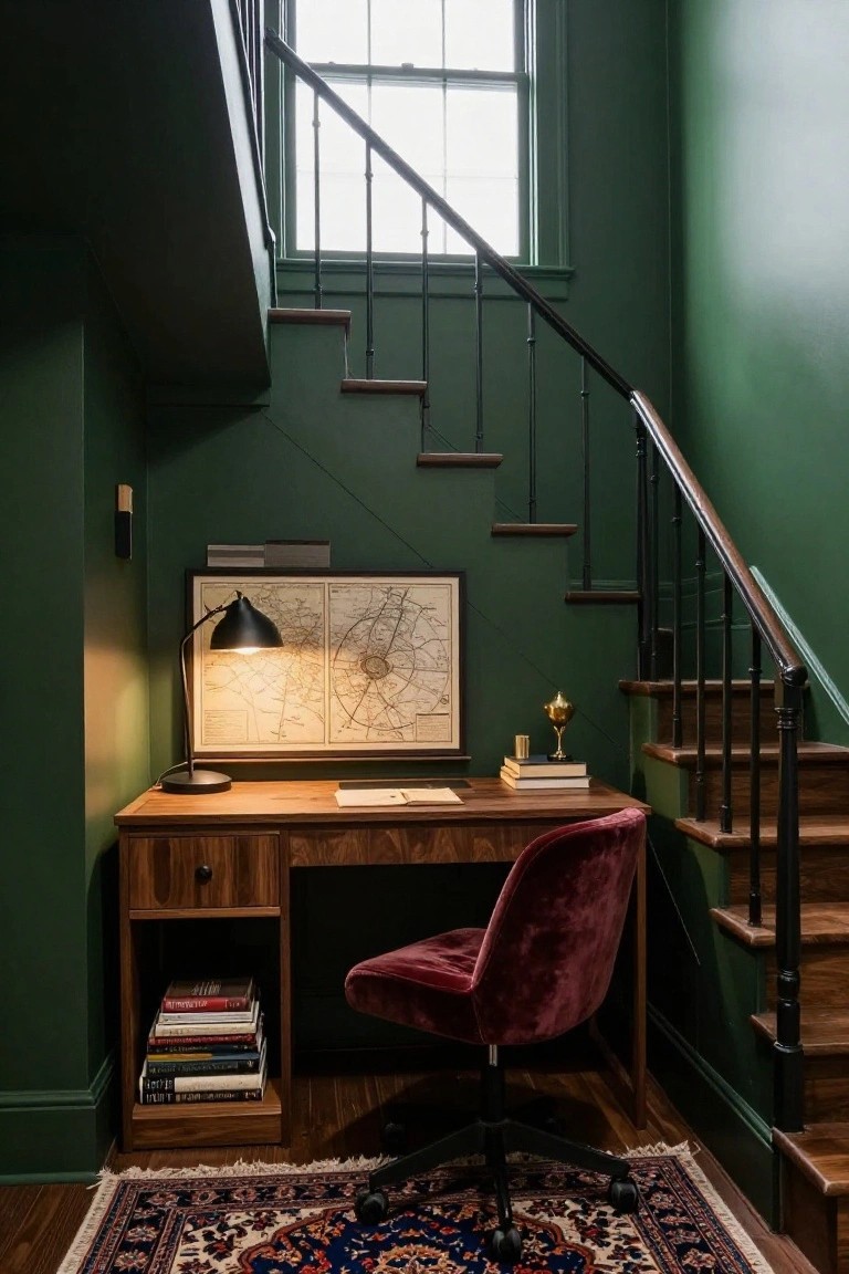 Green-painted stair landing interior with wooden desk, purple velvet chair, desk lamp illuminating a map, bookshelves, and black metal stair railing beside a window.