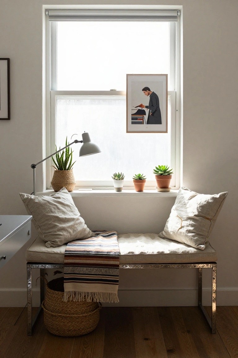 Beige cushioned bench with pillows and striped throw blanket under a windowsill holding potted succulents, snake plant, and desk lamp in a light room with hardwood floor.