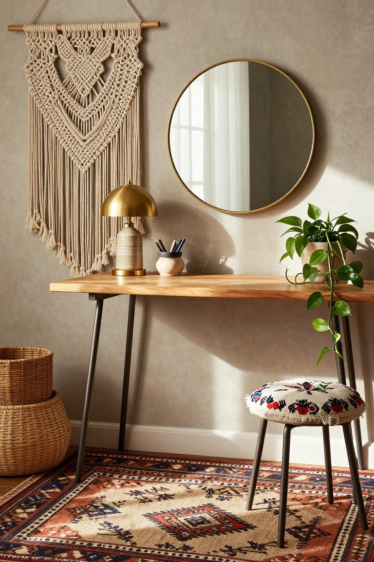 Beige home office corner with wooden desk on black metal legs, white pouf stool with floral embroidery, gold lamp, round gold mirror, macrame wall hanging, potted trailing plant, wicker baskets, and patterned rug on wood floor.