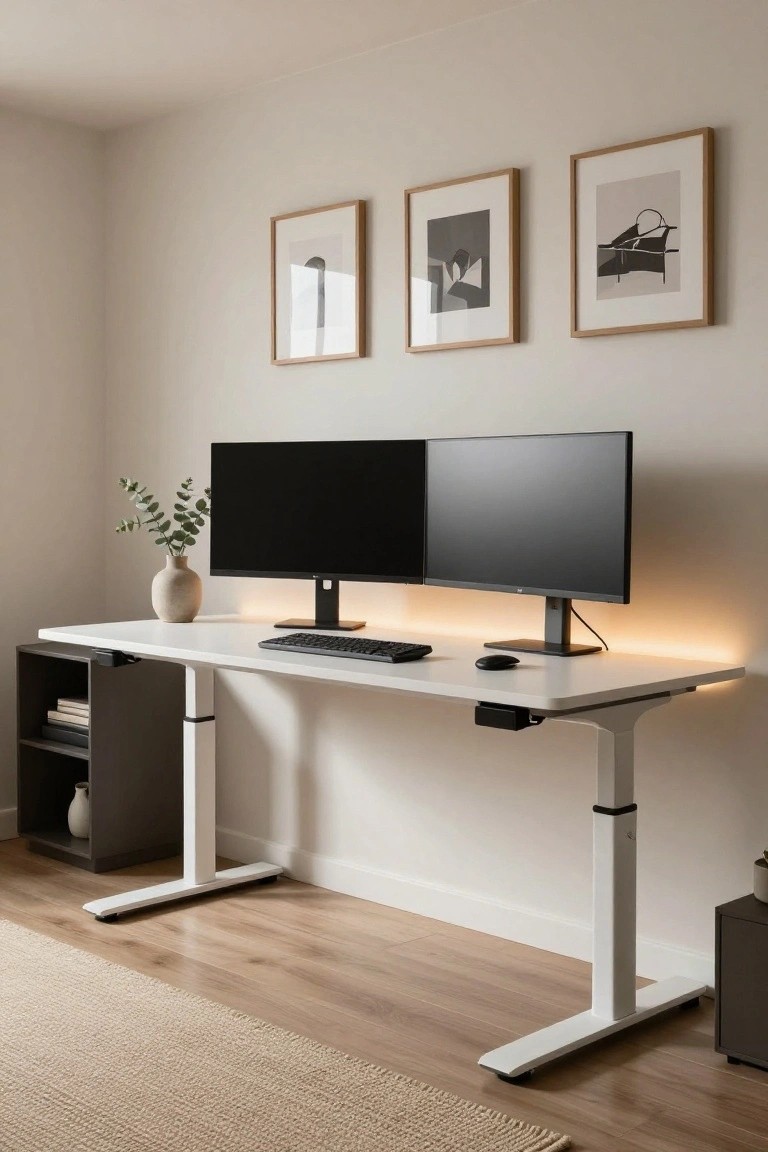 White height-adjustable standing desk with dual black monitors, white keyboard, black mouse, terracotta vase with eucalyptus branches, side shelf unit with books, and three framed abstract black-and-white prints on beige walls in a light room with wood flooring and beige rug.