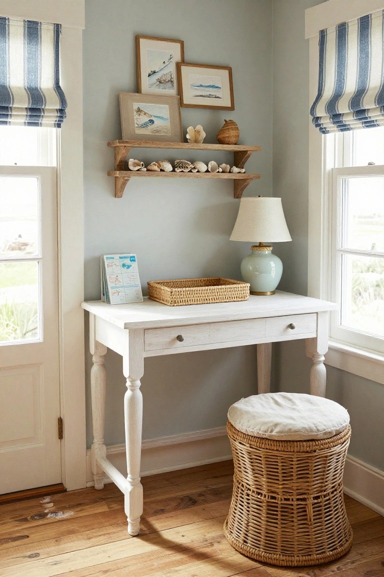 Corner of a light blue room with a small white wooden desk, woven basket, wicker stool, wooden shelves holding shells and pottery, lamp, artwork, and blue-and-white striped curtains on windows.