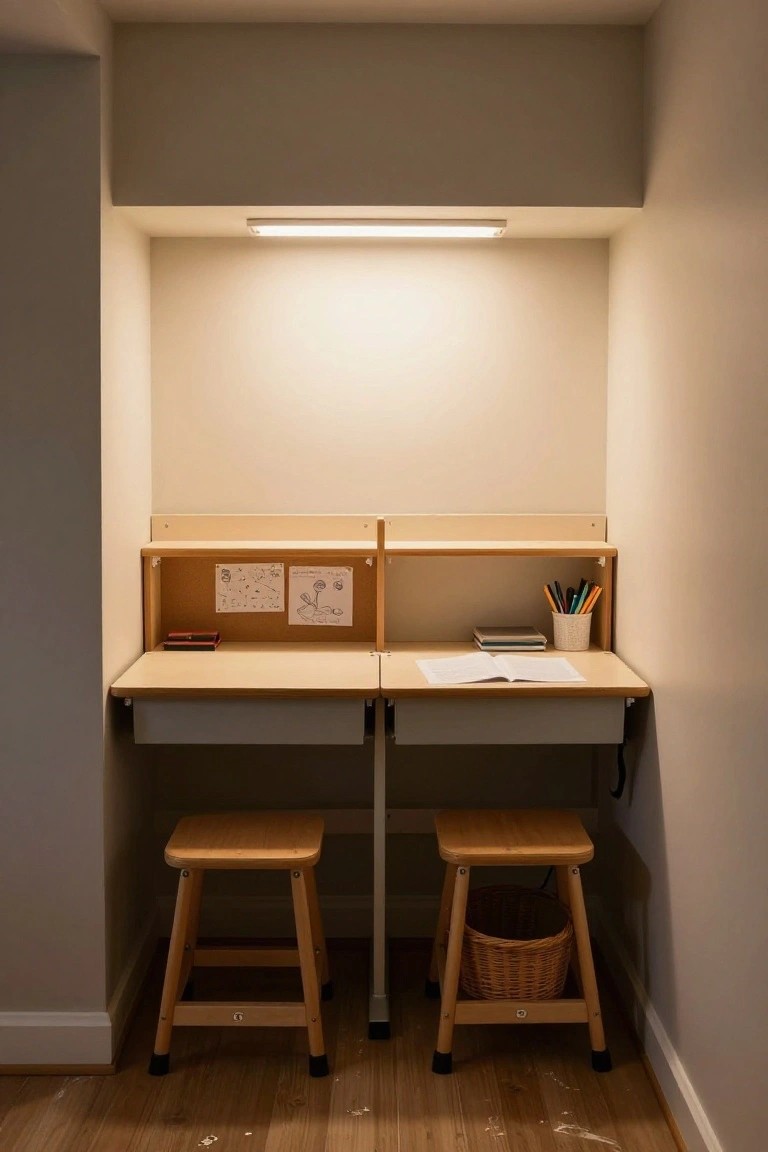 Wall alcove with two side-by-side wooden drop-down desks, storage drawers below, shelves and corkboard above, wooden stools, and overhead lighting on beige walls with wooden floor.