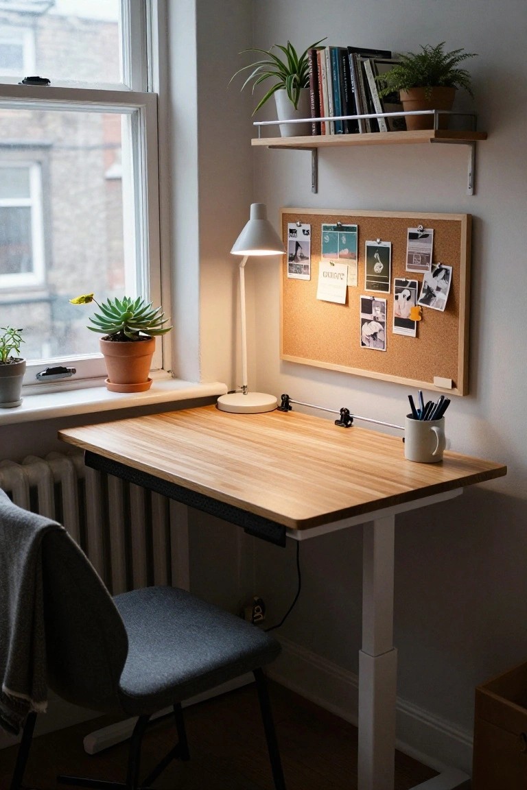 Adjustable wooden standing desk in a corner by a large window with plants on the sill, desk lamp, corkboard on wall, shelves with books and plants above, gray chair nearby, and white radiator below.
