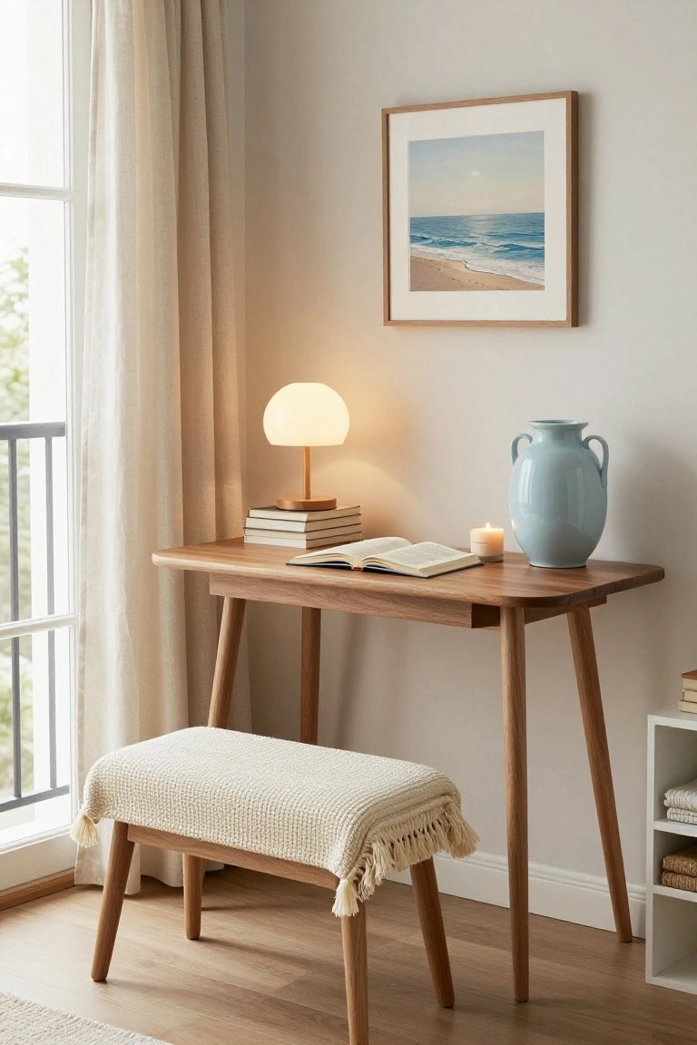Light wooden console desk with splayed legs holding stacked books, open book, wood-based lamp, white candle, and blue vase, next to a cushioned bench stool with white tassel throw in a beige room with sheer curtains, window, framed beach painting, and bookshelf.