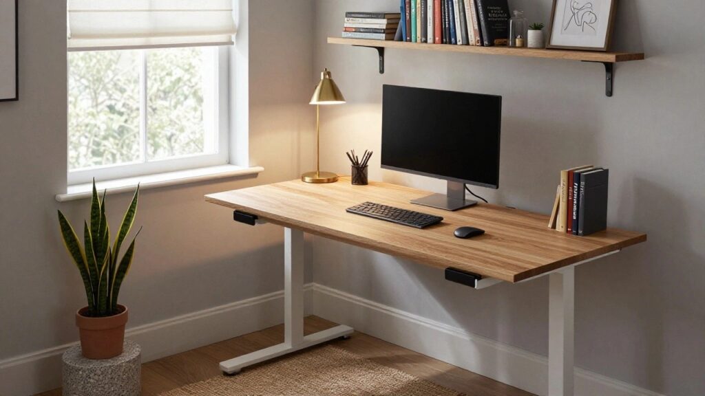 Height-adjustable desk with light wood top and white legs in a bright corner room with sheer blinds on windows, potted snake plant, stacked books, monitor on stand, keyboard, and mouse.