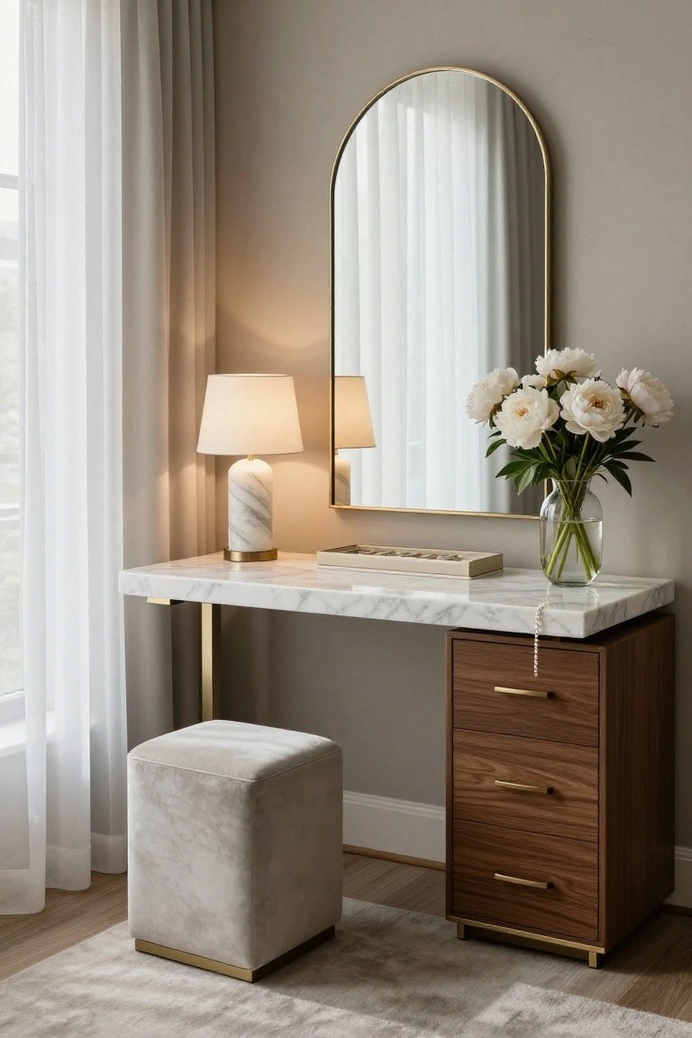 A modern floating white marble vanity desk with brass legs and arched gold mirror, lit by a marble-based lamp, with white peonies in a glass vase, jewelry tray, beige stool, sheer curtains, and wood dresser in a light gray room.