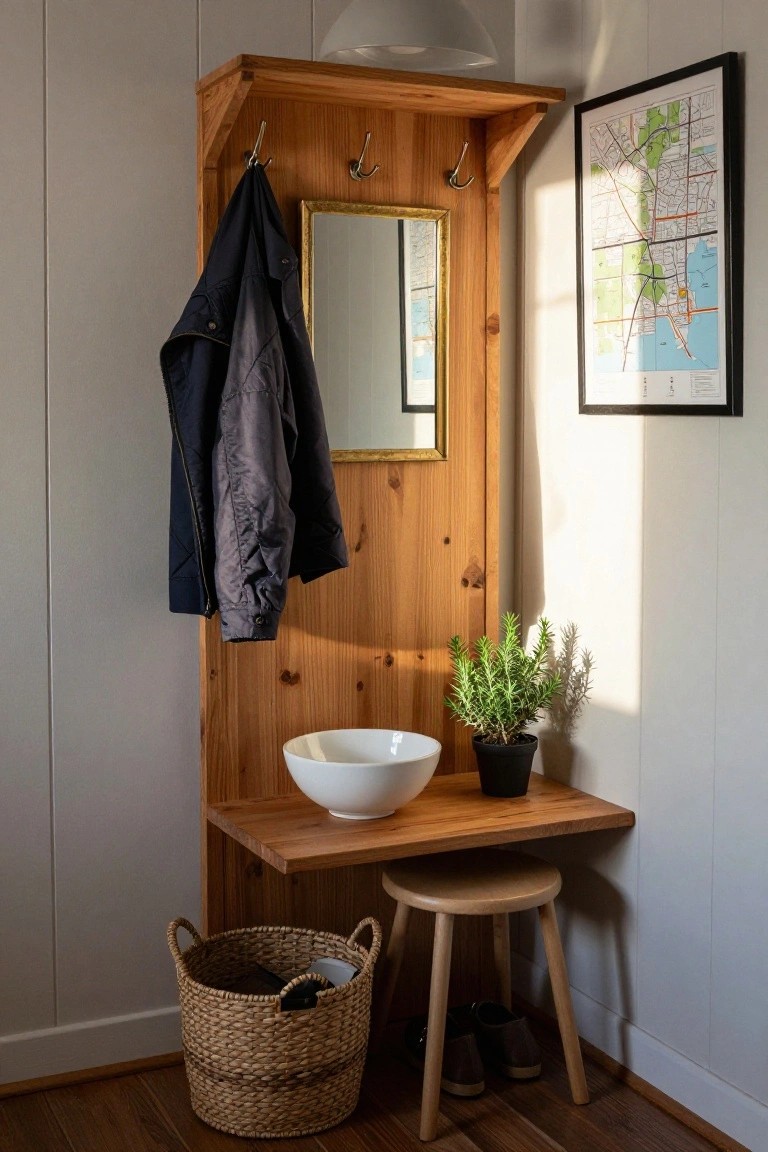 Wooden built-in entryway unit against light gray wall with coat hooks holding a dark jacket, gold-framed mirror, shelf holding white bowl and potted rosemary plant, wooden stool, wicker basket with shoes and items, map print on wall, wooden floor.