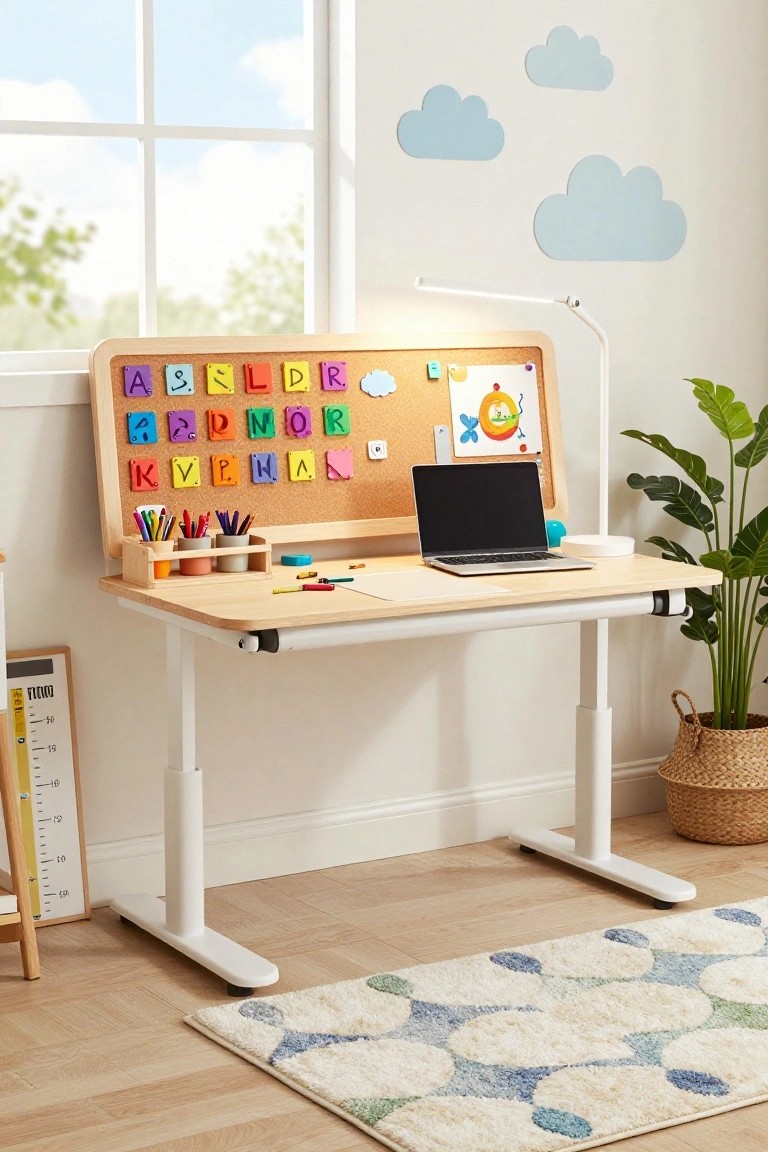 A height-adjustable wooden desk with flip-up magnetic alphabet board and corkboard in a sunny child's room featuring a laptop, colored pencils, plants, and wall decals.