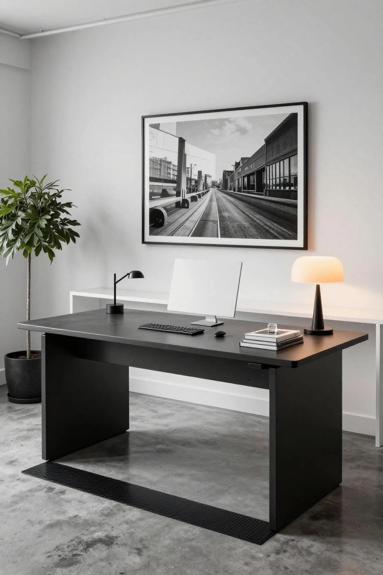 Modern minimalist black desk with computer, lamp, and framed art.