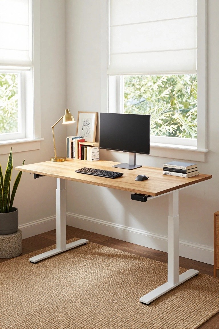 Height-adjustable desk with light wood top and white legs in a bright corner room with sheer blinds on windows, potted snake plant, stacked books, monitor on stand, keyboard, and mouse.