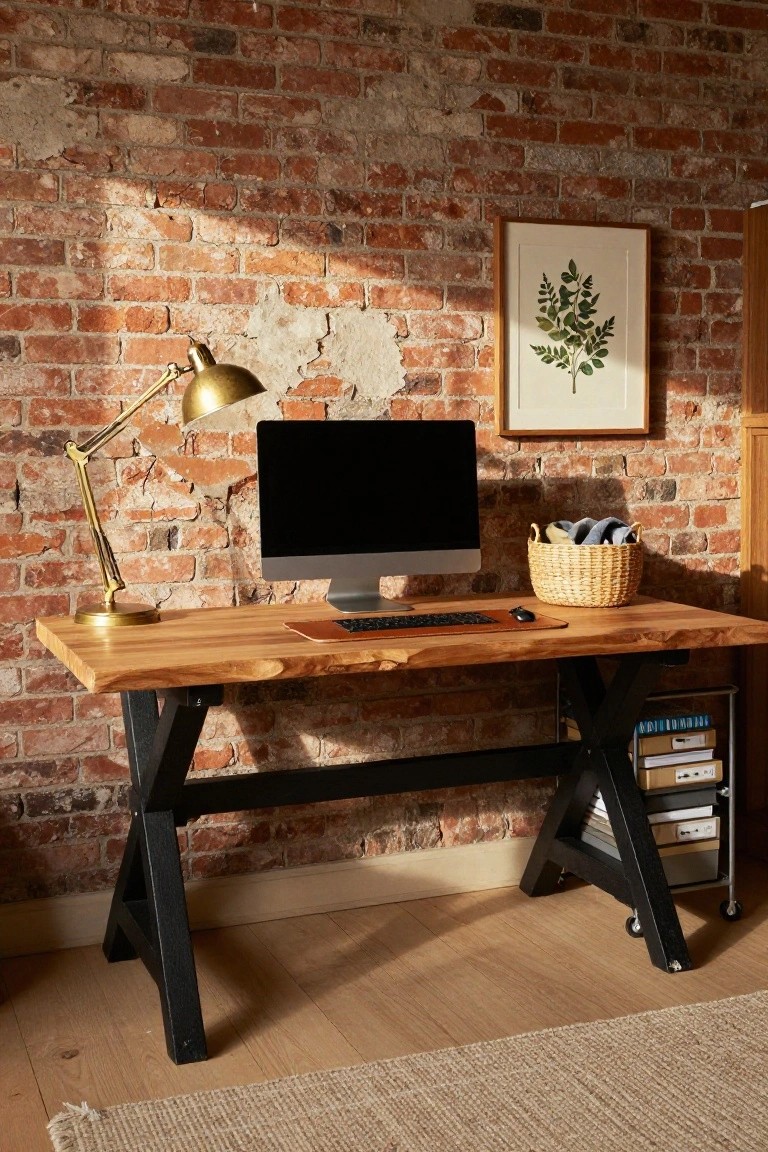 Wooden live-edge standing desk with black metal X-frame legs against an exposed brick wall in a home office, with iMac monitor, adjustable desk lamp, keyboard, mouse, woven basket, and framed botanical print nearby.