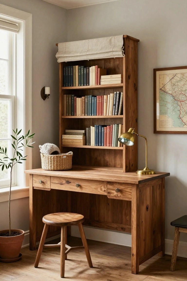 Wooden desk with integrated tall bookshelves in a light gray corner room, featuring books, a brass lamp, wicker basket, olive plant in pot, and wooden stool.