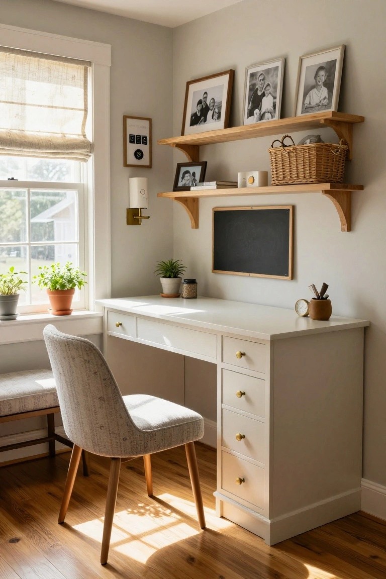 A home office corner with a white wooden desk and upholstered chair, oak floating shelves above holding picture frames, books, and a basket, plants on the windowsill, chalkboard on the wall, and linen window shades in a light gray room with hardwood floors.