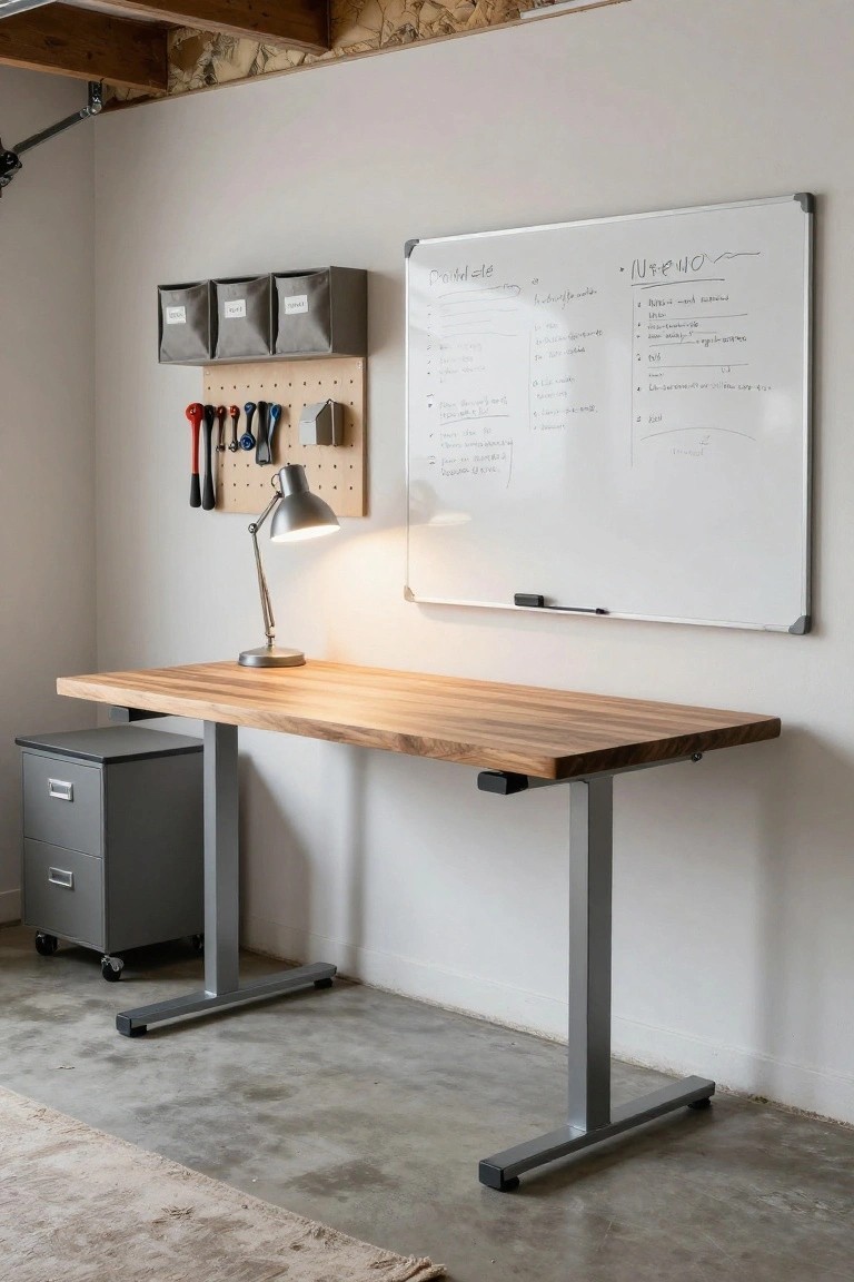 A light wood standing desk on metal legs in a garage, next to a pegboard with tools, gray bins, a whiteboard on the wall, and a gray file cabinet.