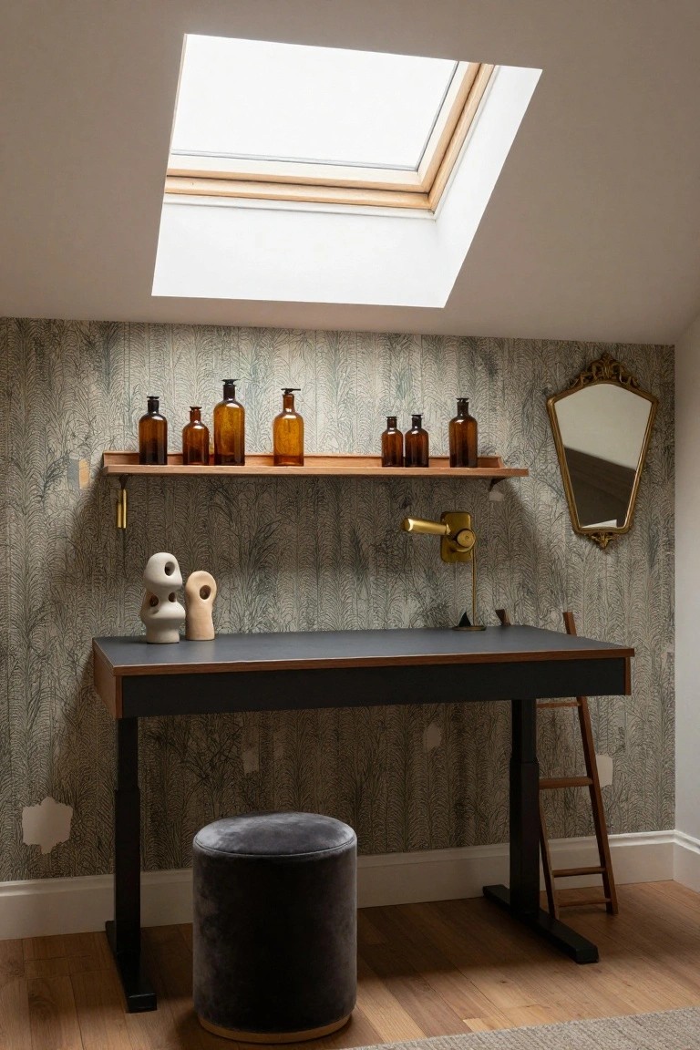 Black adjustable standing desk against gray-green palm leaf wallpaper in an attic room with skylight, gray velvet pouf stool, wooden ladder stool, wood shelf holding glass apothecary bottles, and two white ceramic sculptures on the desk top.
