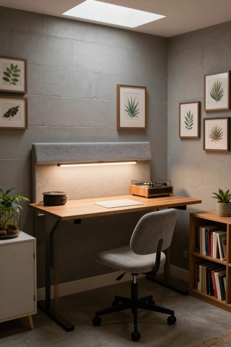 Wooden standing desk with gray fabric backrest and integrated LED light strip in a concrete-walled room featuring plants, record player, chair, and bookshelves.