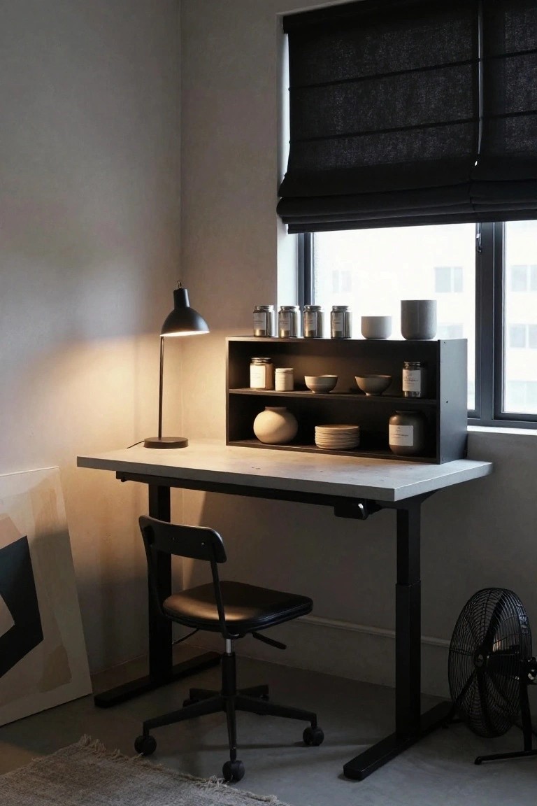 Height-adjustable standing desk with light concrete top and black metal legs in a minimalist gray room, topped with a black open shelving unit holding jars, bowls, and ceramics, beside a black task lamp and chair.