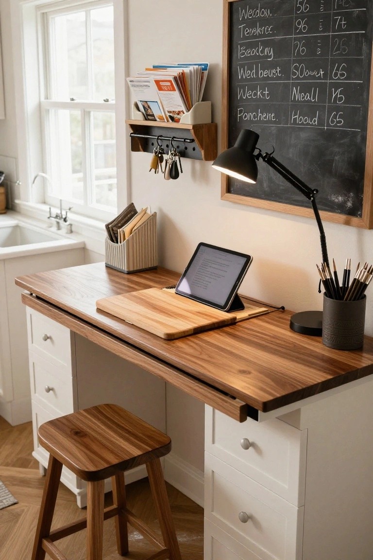 Wooden desk with raised surface holding propped iPad in kitchen workspace, blackboard on wall with handwritten notes, desk lamp, and wooden stool nearby.