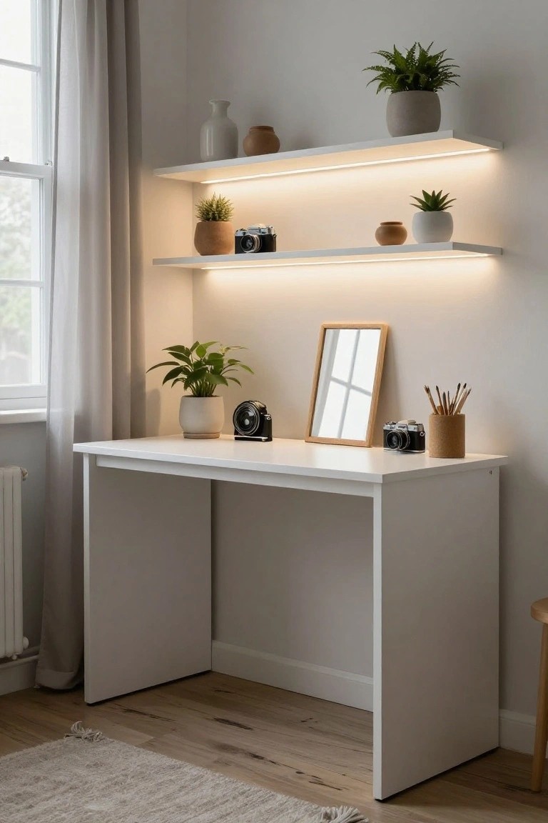 White standing desk against a wall below two floating shelves with LED underlighting, holding potted plants, ceramic pots, and vintage cameras, with additional plants, a mirror, and brush holder on the desk in a light room with curtains and hardwood floor.