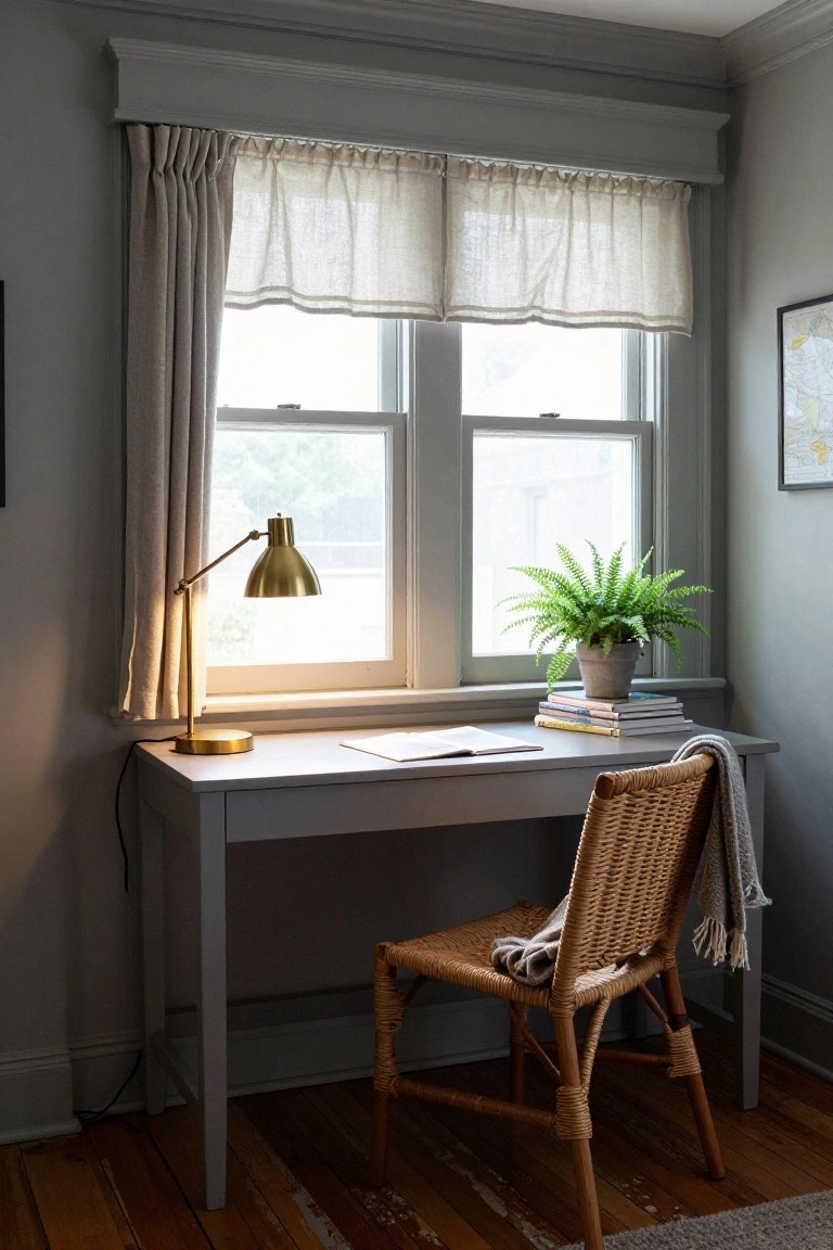 Gray desk positioned next to a double-hung window in a light gray room, with brass adjustable lamp, potted fern plant, stack of books, and rattan chair draped with gray throw on hardwood floor.