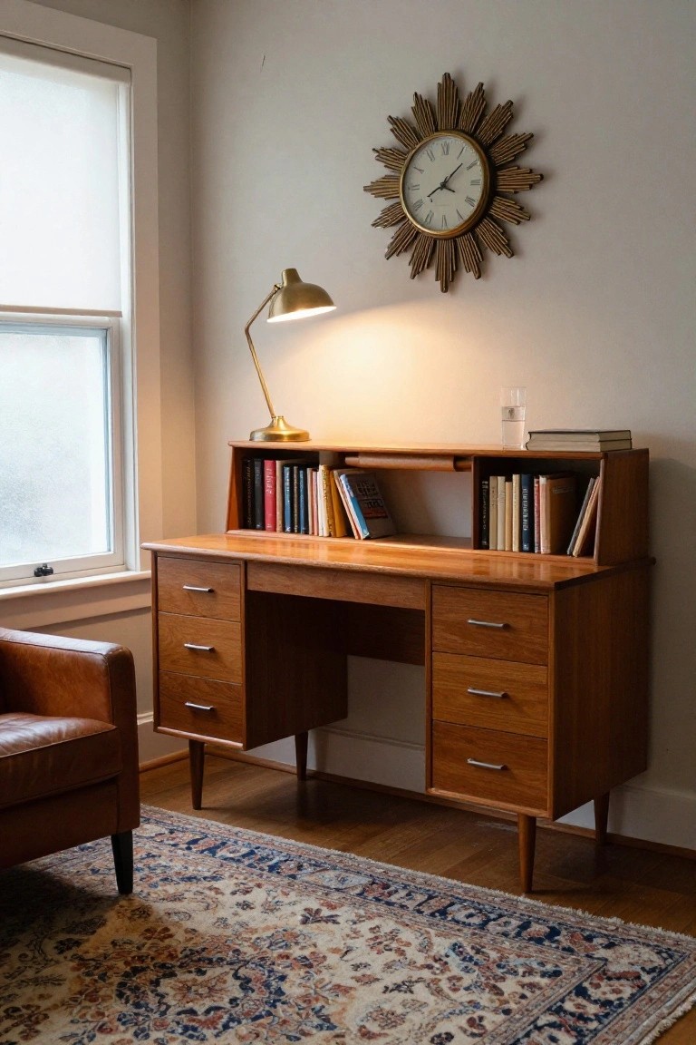 Wooden mid-century modern desk with hutch shelving holding books, flanked by drawers, a brass desk lamp, glass of water, leather armchair, patterned rug, and sunburst wall clock in a light room with window.