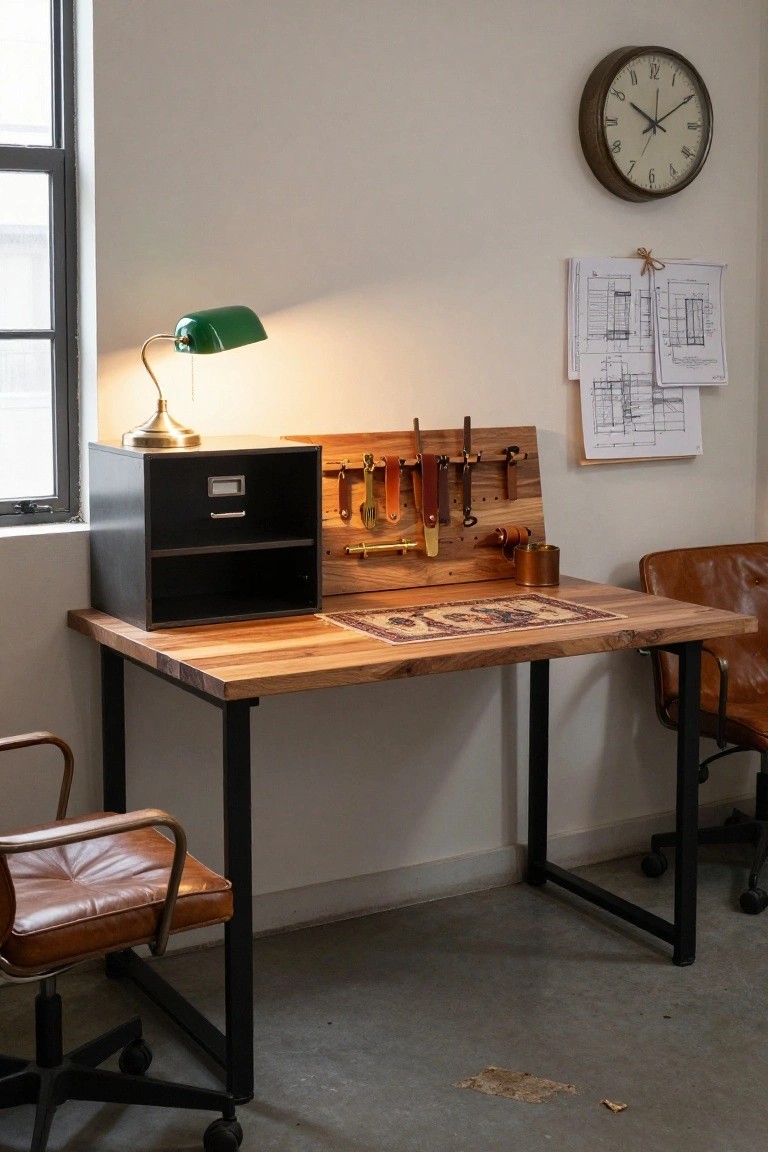 Wooden standing desk with black metal legs and side tool storage panel in a room with green banker's lamp, black file cabinet, blueprints on wall, wall clock, and leather chairs.