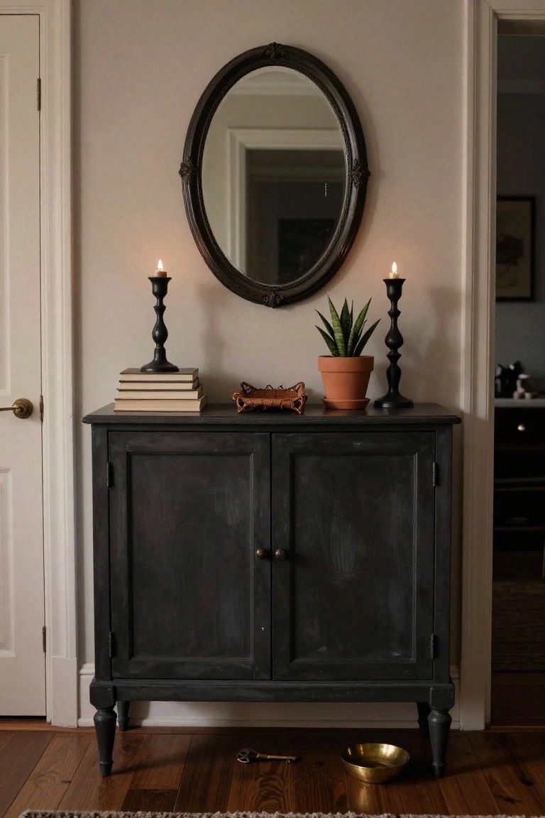 Black cabinet with mirror, candles, books, and potted plant.