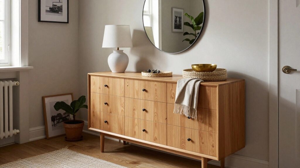 A light wood sideboard with black knobs holds a potted plant, white vase on a woven tray, gold bowl, and framed photo, with a round mirror above it in a room with a window.