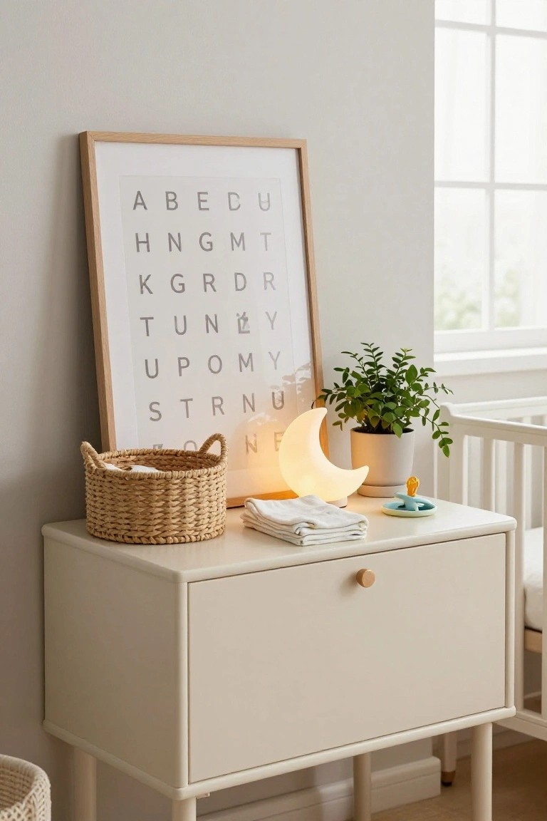 A white sideboard in a nursery holds a woven basket, folded cloths, a crescent moon lamp, a potted plant, and a pacifier, with an alphabet poster leaning on the wall behind it.