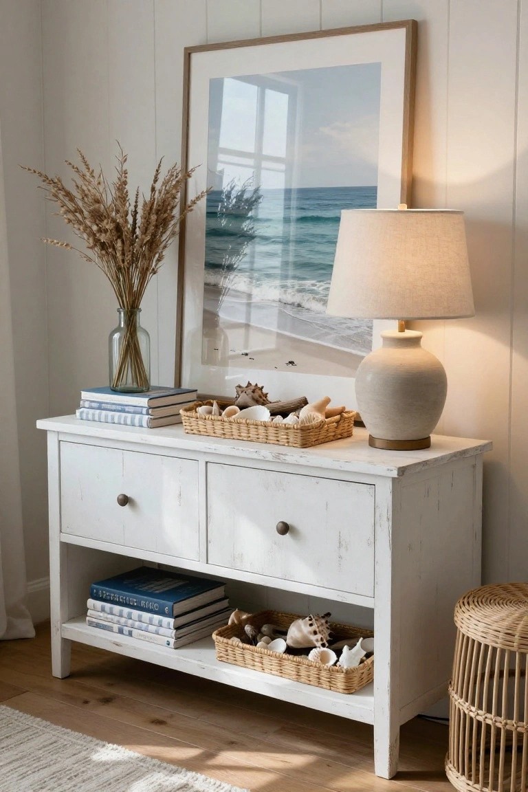 A white distressed sideboard topped with stacked books, a wicker basket of shells, a ceramic lamp, and dried grasses, with a large framed ocean photograph hanging above it.