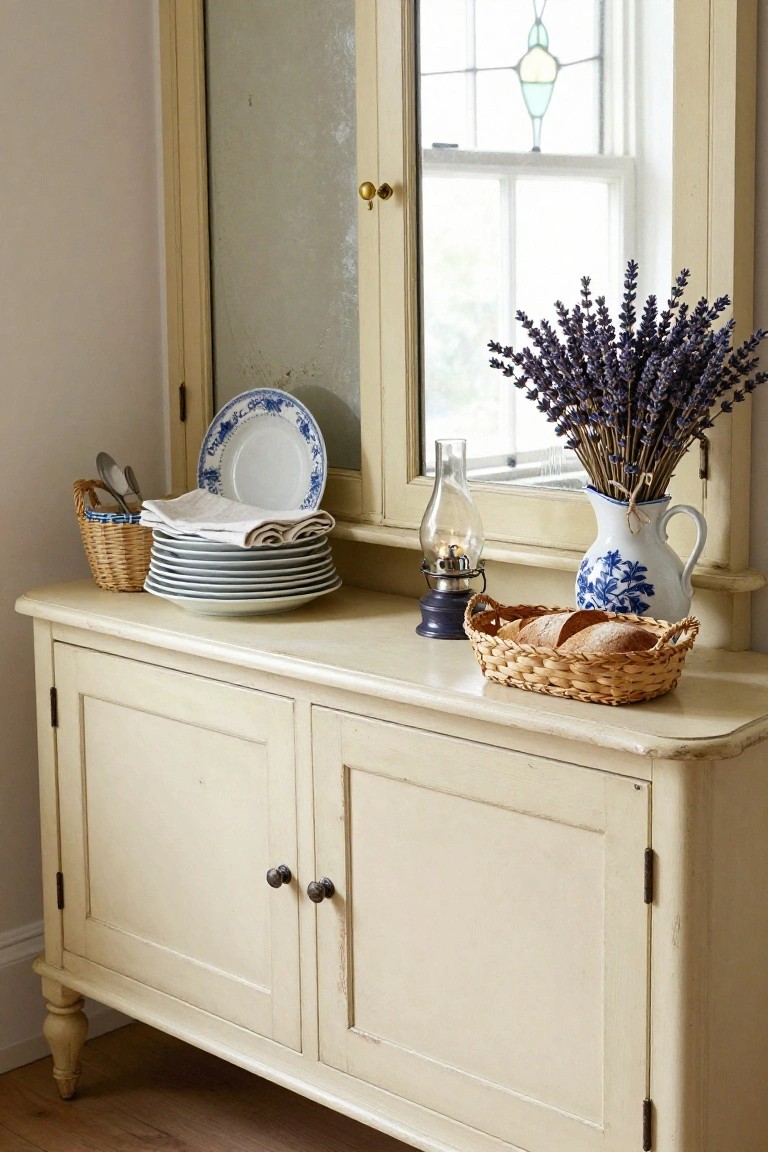 Cream-colored sideboard with stacked plates, lavender bouquet, bread basket, and oil lamp.