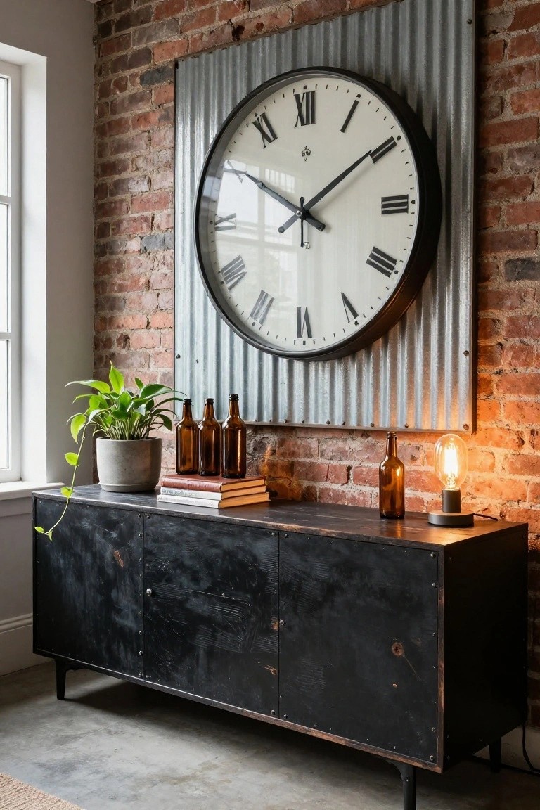 A black sideboard against a brick wall holds stacked books, a potted plant, several brown glass bottles, and a small lit lamp, with a large wall clock mounted above on corrugated metal.