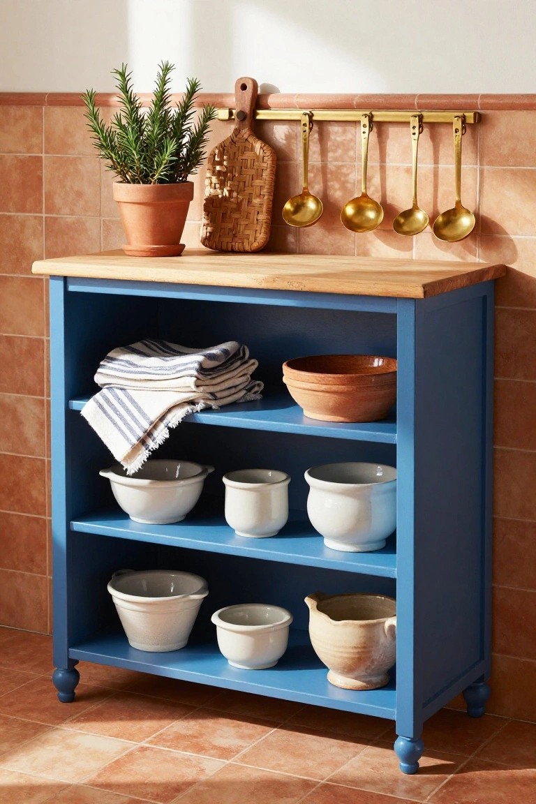 A blue sideboard with open shelves displaying assorted ceramic bowls and a striped cloth, with a wooden top holding a potted plant, woven board, and hanging brass ladles against a tiled wall.