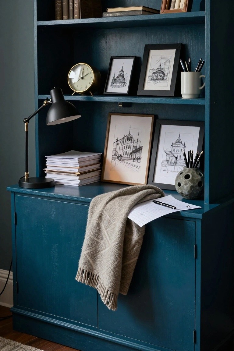 Teal bookshelf with framed sketches, lamp, clock, and draped blanket.
