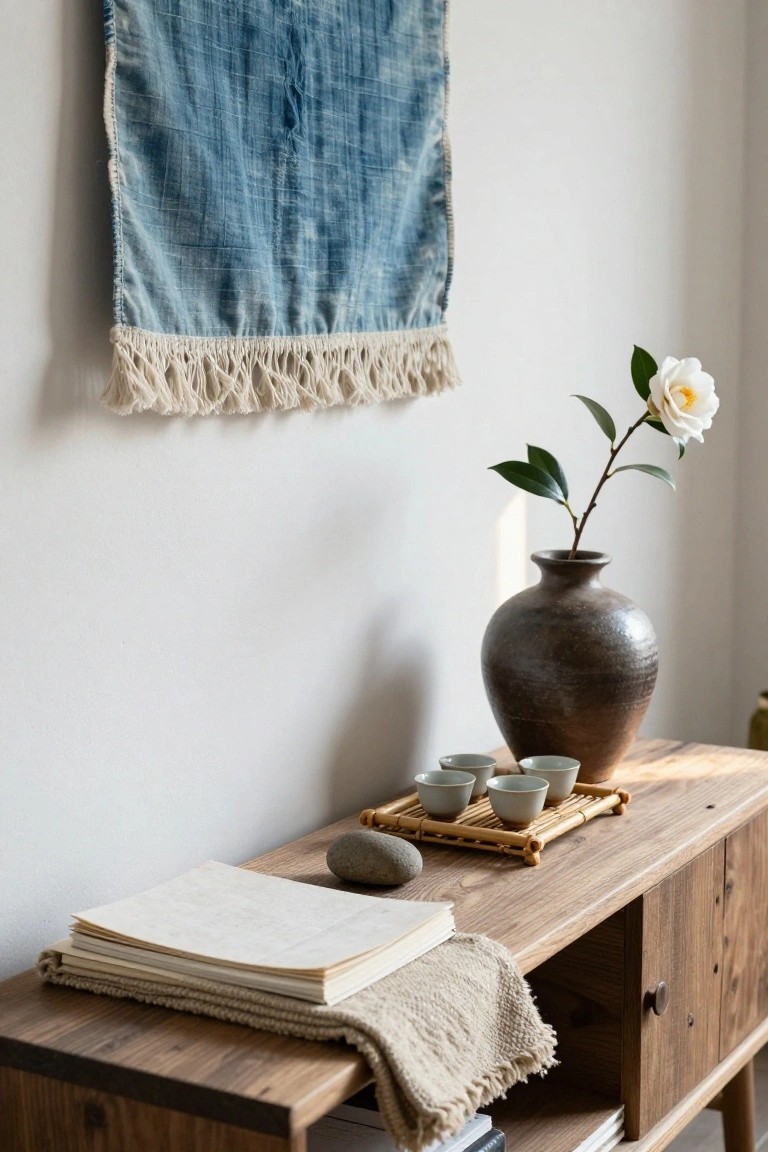 Wooden table with vase, flower, teacups, books, and blue wall hanging.