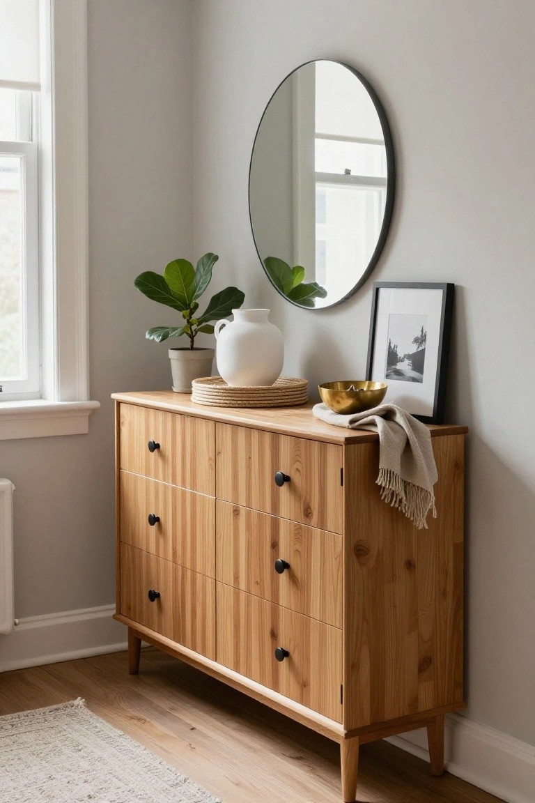 A light wood sideboard with black knobs holds a potted plant, white vase on a woven tray, gold bowl, and framed photo, with a round mirror above it in a room with a window.