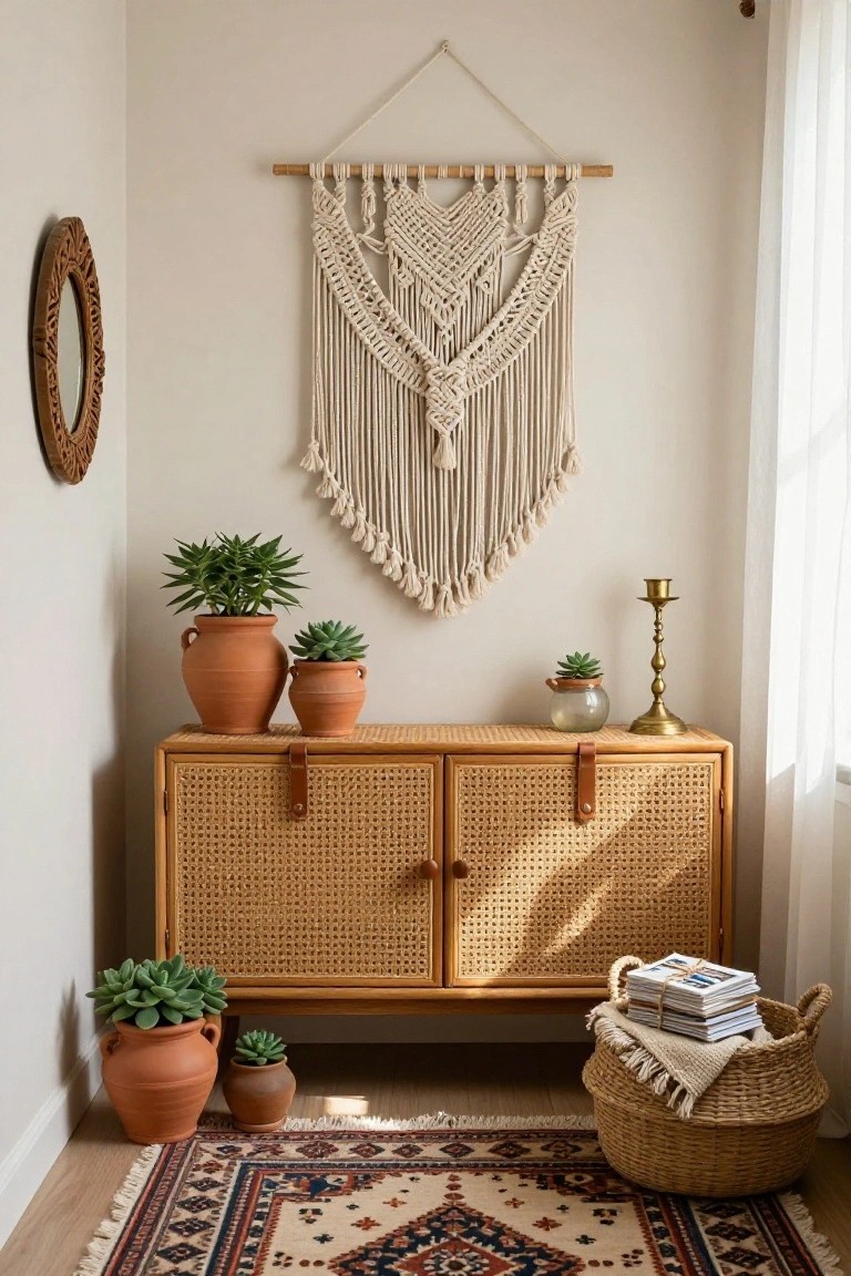 Bohemian living room with macramé wall hanging, rattan cabinet, and terracotta plants.